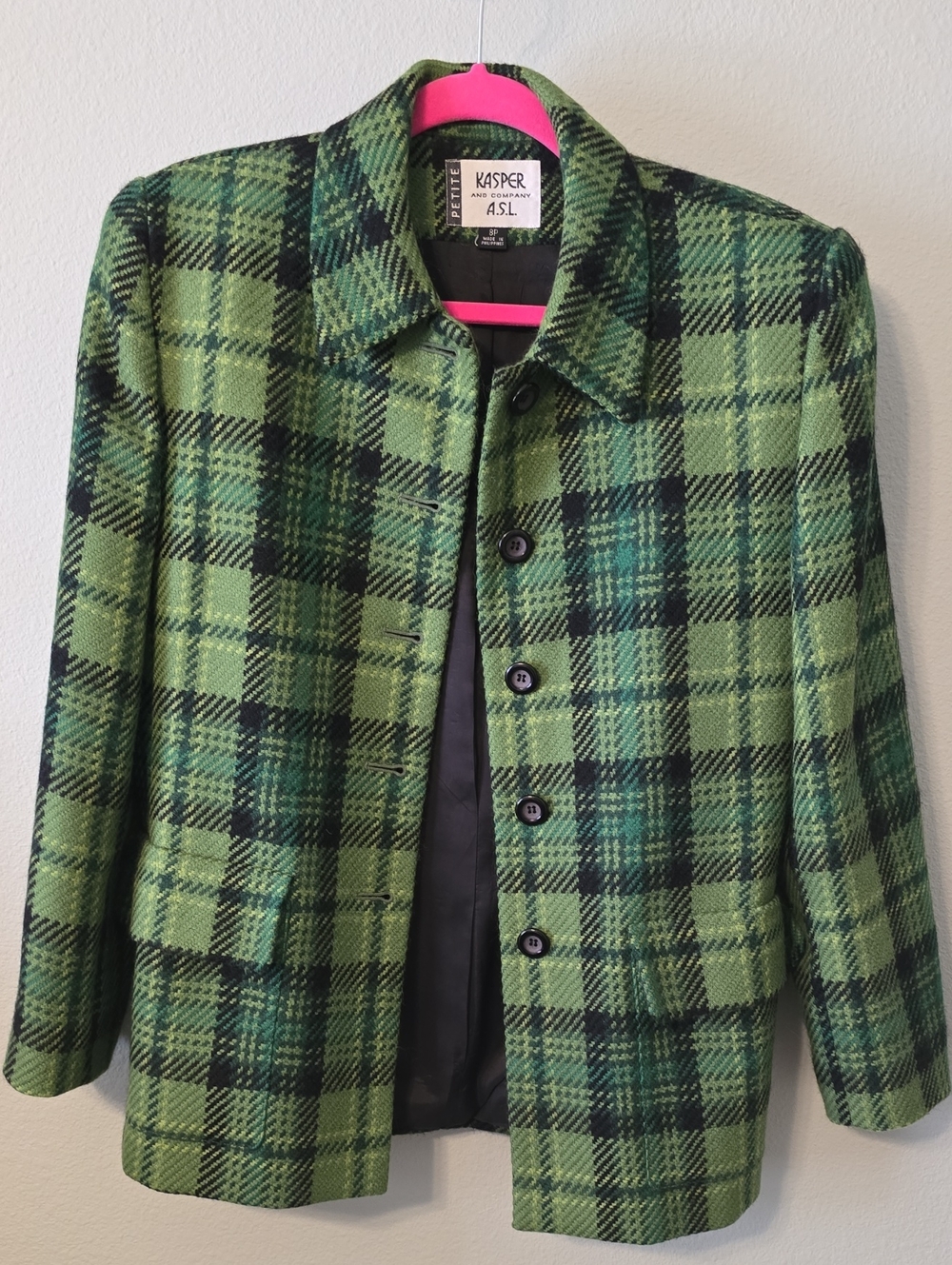 Kasper Green Plaid Wool-Blend Blazer Jacket